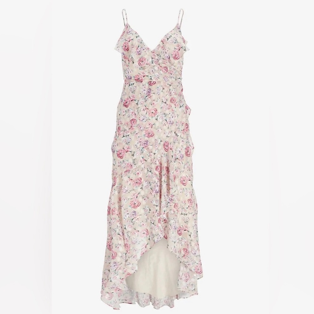 Express Floral Print Ruffle Faux Wrap Hi-Lo Maxi Dress XS
